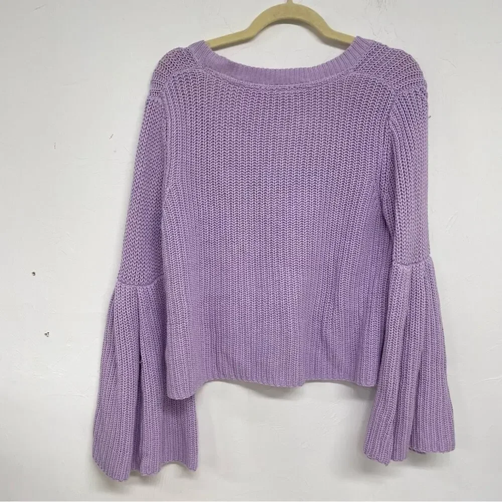 Free People Lavender Ribbed Knit Flare Sleeve V Neck Sweater Womens S Oversized
